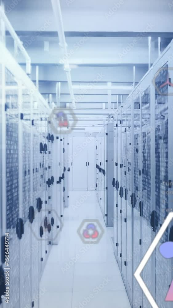 Poster animation of multiple icons and lens flares over binary codes on data server racks