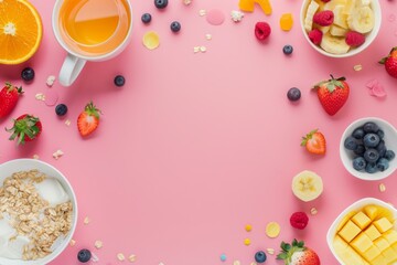 Oatmeal, yogurt, fruit, berries and tea are creating a frame on a pink background with copy space