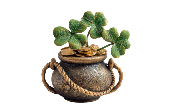 PNG Clover pot filled with gold coins and shamrocks for st. patrick's day luck
