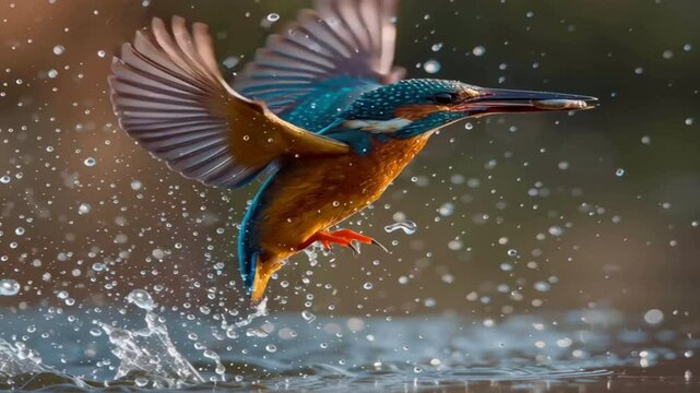 hermoso p&aacute;jaro Mart&iacute;n pescador volando saliendo del agua de un rio con un pez en el pico, salpicado de gotas de agua