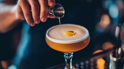 Bartender pouring liquor into cocktail