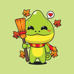 Cute chameleon holding broom in autumn day cartoon vector illustration