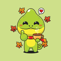 Cute chameleon holding holding a cup of coffee in autumn day cartoon vector illustration