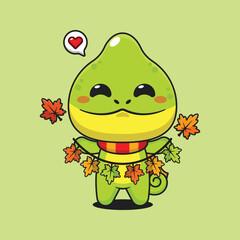Cute chameleon holding autumn leaf decoration in autumn day cartoon vector illustration