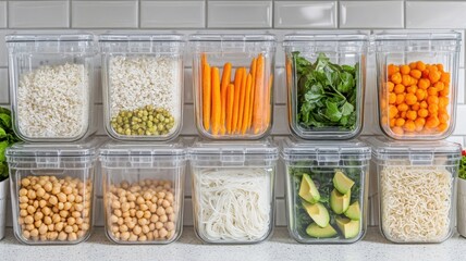 Overhead shot of weekly meal prep setup with colorful plant-based meals in a visually pleasing linear pattern. Clean and bright kitchen background