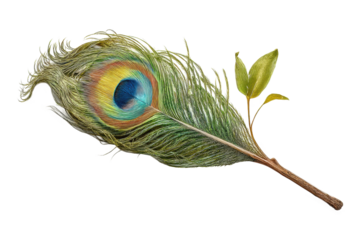 PNG Vibrant peacock feather with green leaf on a white background