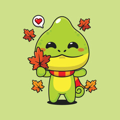 Cute chameleon holding maple leaf in autumn cartoon vector illustration