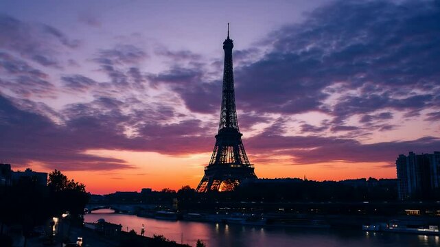 Eiffel Tower Sunrise Silhouette Over Seine River in Paris