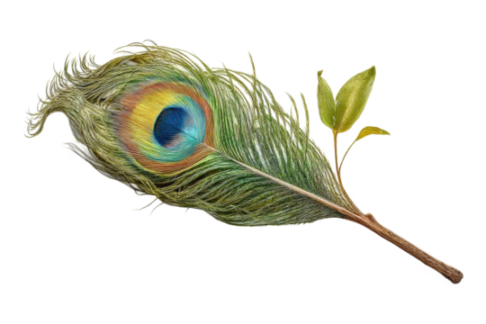 PNG Vibrant peacock feather with green leaf on a white background