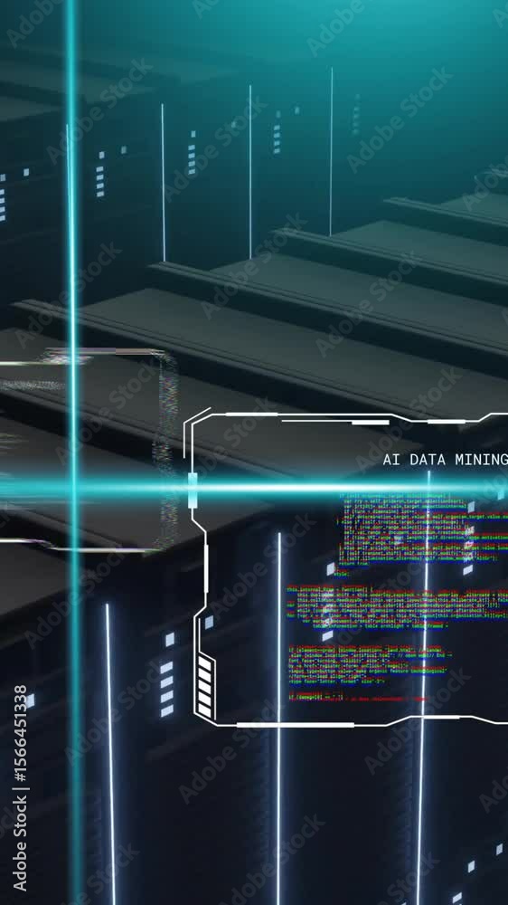 Poster animation of blue scanner beams and interfaces processing data over banks of computer servers