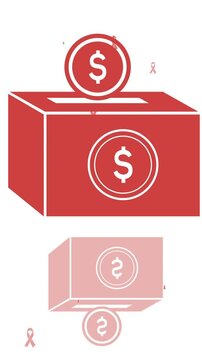 Animation of dollar money box and cancer ribbons icons over white background