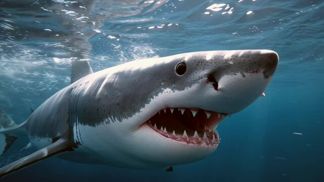 Tiburon blanco en el oceano ense&ntilde;ando sus garras a camara