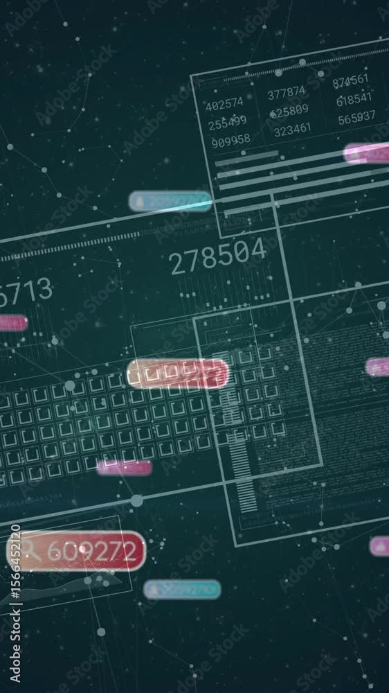 Poster floating numbers and digital animation with keyboard schematics over starry background