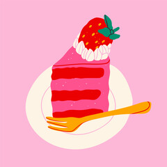 Tasty pink cake with strawberry, cream on a plate with fork. Hand drawn modern Vector illustration. Isolated design element. Summer fresh sweets concept. Logo, icon, print, poster, sticker template