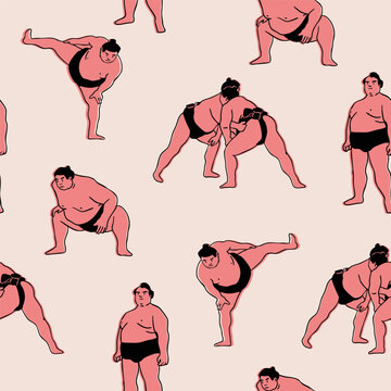 Sumo Wrestlers set. Various positions. Japanese traditional martial art, combat sport activity concept. Hand drawn trendy Vector illustration. Square seamless Pattern, background, wallpaper 