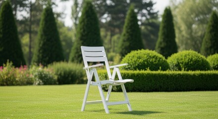 White Wooden Chair on Lush Green Lawn with Conifer Trees in Background