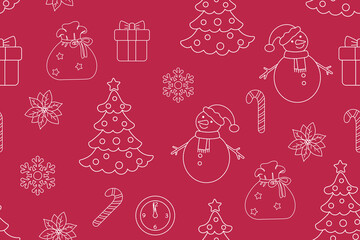 Christmas theme  isolated  on viva magenta background. White outline drawing. Seamless pattern under clipping mask, convenient for editing. Background for paper, textile, gift wrap.