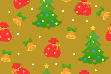 Christmas tree, gift bag and jingle bell on yellow background. Seamless pattern under clipping mask, convenient for editing. Festive background for paper, cover, textile, gift wrap.