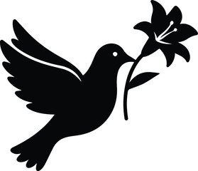 Silhouette hummingbird holding lily flower in beak profile vector illustration