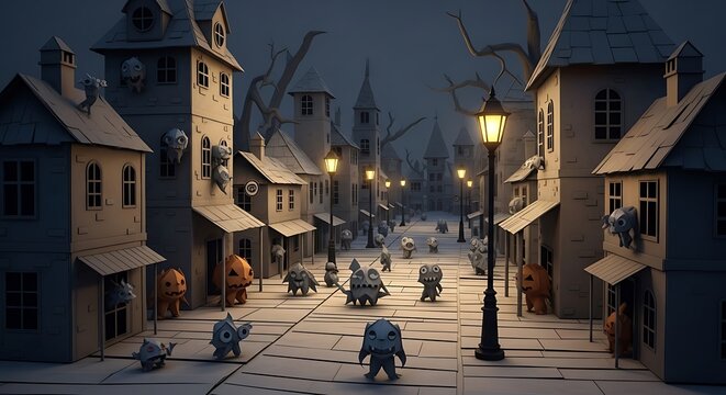 Cartoon Monsters Gather in Spooky Town Street at Night