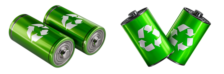 Set of two green batteries with a recycle symbol, isolated on a transparent background.