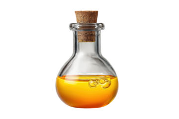 PNG Glass flask with cork stopper containing orange liquid and bubbles
