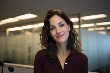 Confident young professional woman smiling in a modern office setting portrait headshot of a friendly businesswoman in a contemporary workspace featuring glass walls and warm
