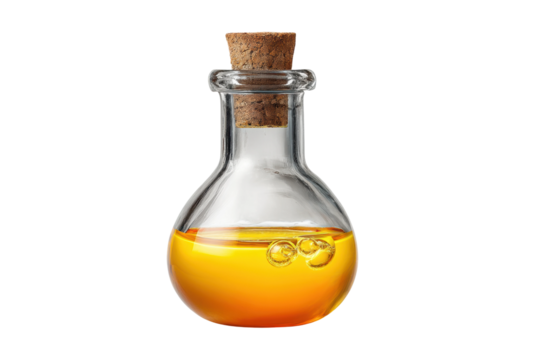 PNG Glass flask with cork stopper containing orange liquid and bubbles
