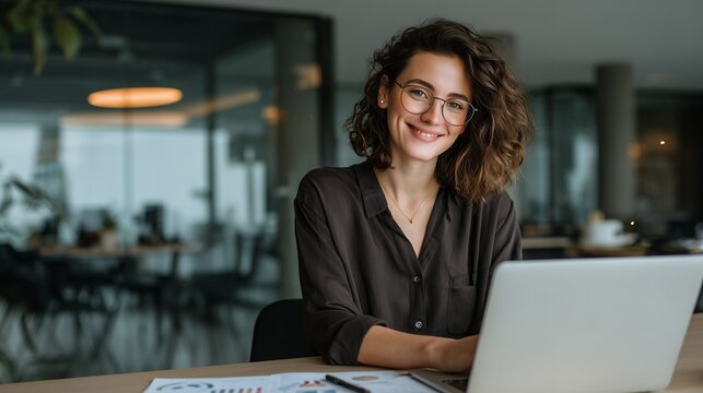 Confident young professional woman smiling happily using generic laptop computer mockup at modern office desk representing successful business career innovation achievement and