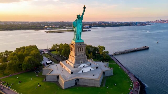 Iconic statue stands tall on island at sunset as tourists gather at base enjoying the scenery.