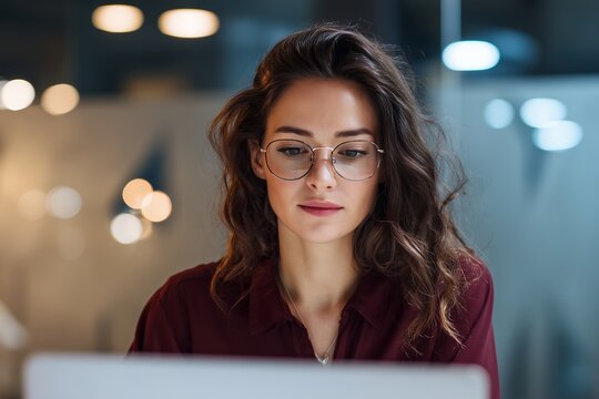 Focused young businesswoman in glasses intently working on laptop computer screen analyzing data in modern office environment digital technology professional female entrepreneur