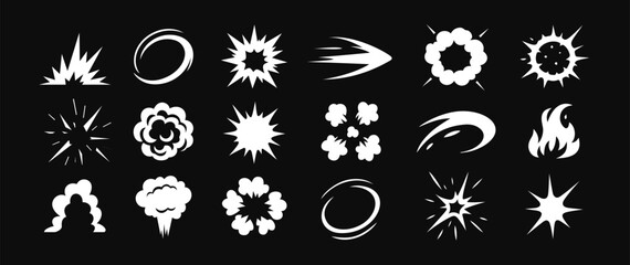 Cartoon explosion. Explosive, smoke clouds and fire, energy flash effects. Cartoon comic motion action, impact burst, bomb explosion for game VFX interface, animation design. Isolated vector set