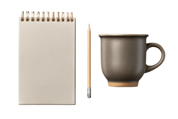 PNG Blank notepad with pencil and ceramic mug on black background