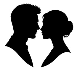 Man and woman silhouette face to face. Male and female heads facing each other. Romantic young couple. Love, passion and relationship, dating, wedding concept. Minimal vector isolated illustration