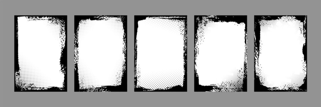 Grunge photo frames. Vertical grunge halftone rectangle frame with distressed ink borders and dotted comic texture. Retro posters, comics, pop art graffiti layout effects. Grungy edgy vector graphic