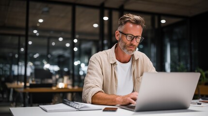 Mature businessman with glasses intensely focused working on modern laptop computer mockup during late hours in contemporary office environment symbolizing dedication technology