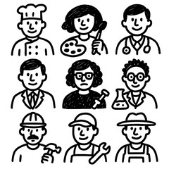 Profession Icons in Hand-Drawn Marker Sketch – Transparent PNG Illustration