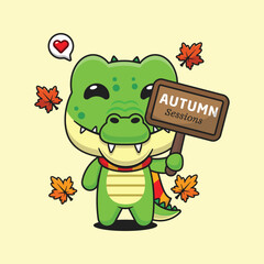 Cute crocodile holding autumn sign board in autumn day cartoon vector illustration