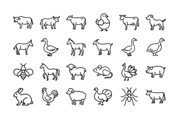 Farm Animals Line Icon Set. Cows, Chickens, Sheep, Pigs, Goats, Horses, Dogs, Birds, Bees, and More. Vector Illustration. Editable Stroke.