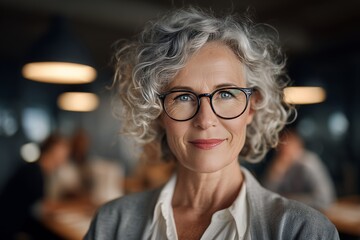Portrait of a confident professional businesswoman with gray curly hair and glasses smiling in a modern office setting representing experienced leadership career success and