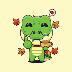 Cute crocodile holding holding a cup of coffee in autumn day cartoon vector illustration
