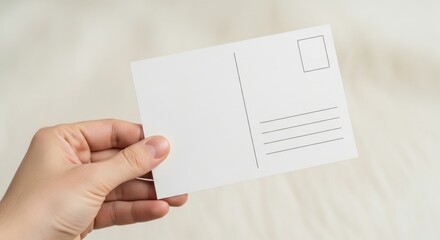 Hand holding blank white postcard with address lines against textured background