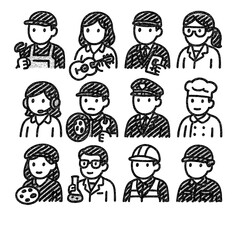 Profession Icons in Hand-Drawn Marker Sketch – Transparent PNG Illustration