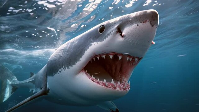 Tiburon blanco en el oceano ense&ntilde;ando sus dientes a camara