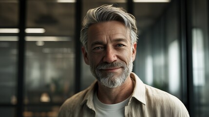 Obraz premium Approachable Middle Aged Businessman Smiling Portrait Confident Professional Man With Grey Beard In Contemporary Office Background Mature Corporate Executive Worker Headshot