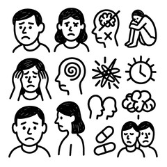 Mental Health Sketch Icons – Hand Drawn Doodle Style, Transparent Background