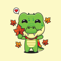 Cute crocodile holding maple leaf in autumn cartoon vector illustration