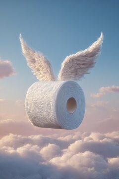 Flying toilet paper roll with angel wings floats above fluffy clouds during sunset