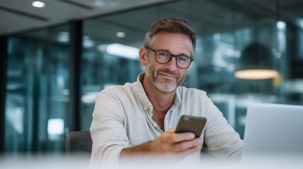 Mid-aged confident businessman using smartphone and laptop in modern office communicating wirelessly digital connection online network mobile technology professional executive