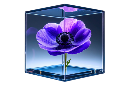 Dark Purple Anemone Glowing in a Glass Cube, Futuristic Botanical Display, Isolated on Transparent Background